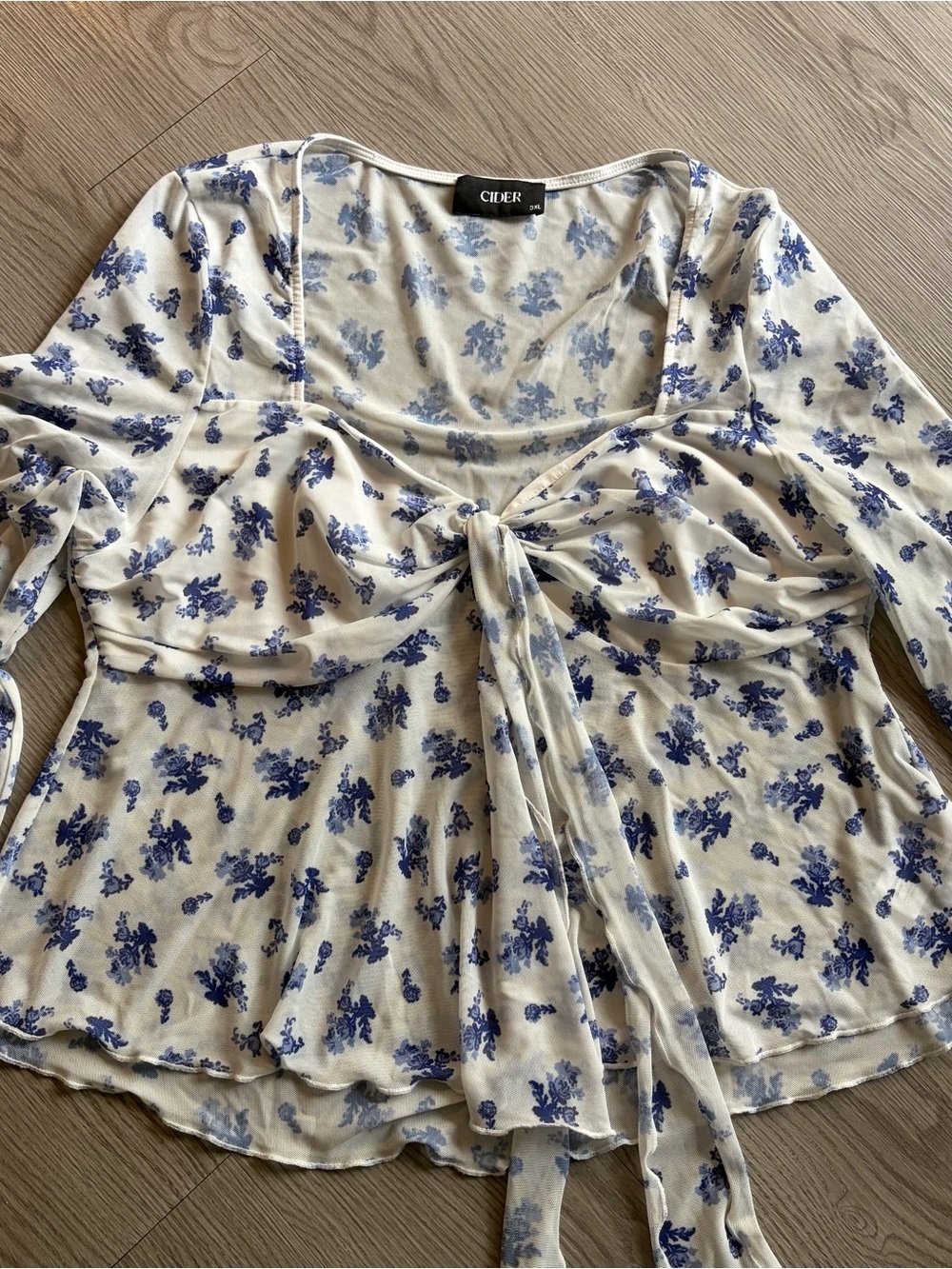 Plus Size Cider 3XL Blue Floral Tie-Front Women's Top